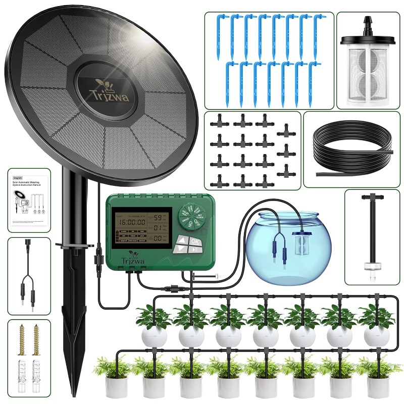 Plant Sensor - ソーラー灌漑装置 温室灌漑 点滴灌漑キット 15Mホース付き 鉢植え用 自動タイマー付き