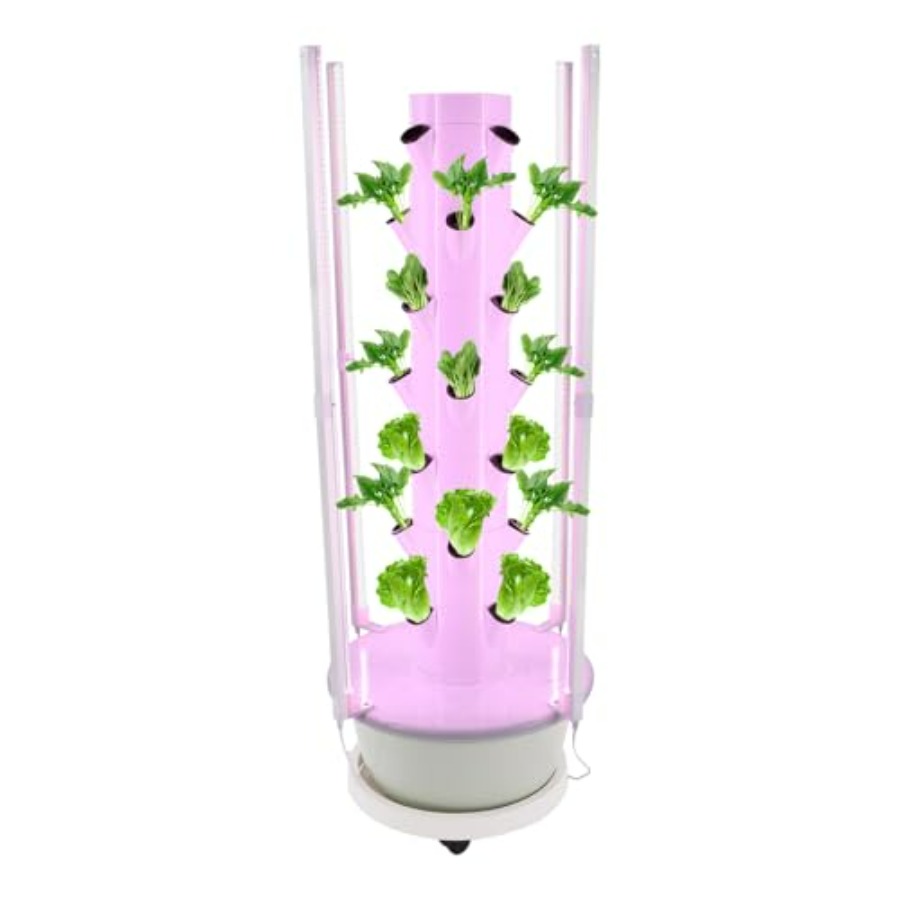 Hydroponic Tower - 屋内/屋外の庭園農場や学校向けの水耕栽培タワー：LED育成ライト付きの白い7段式垂直システム、24時間稼働